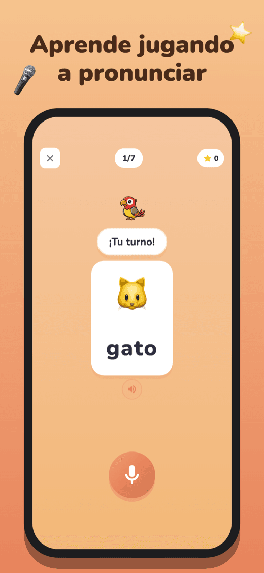 Pantalla de juego de ¡Habla!: el niño repite la palabra al micrófono