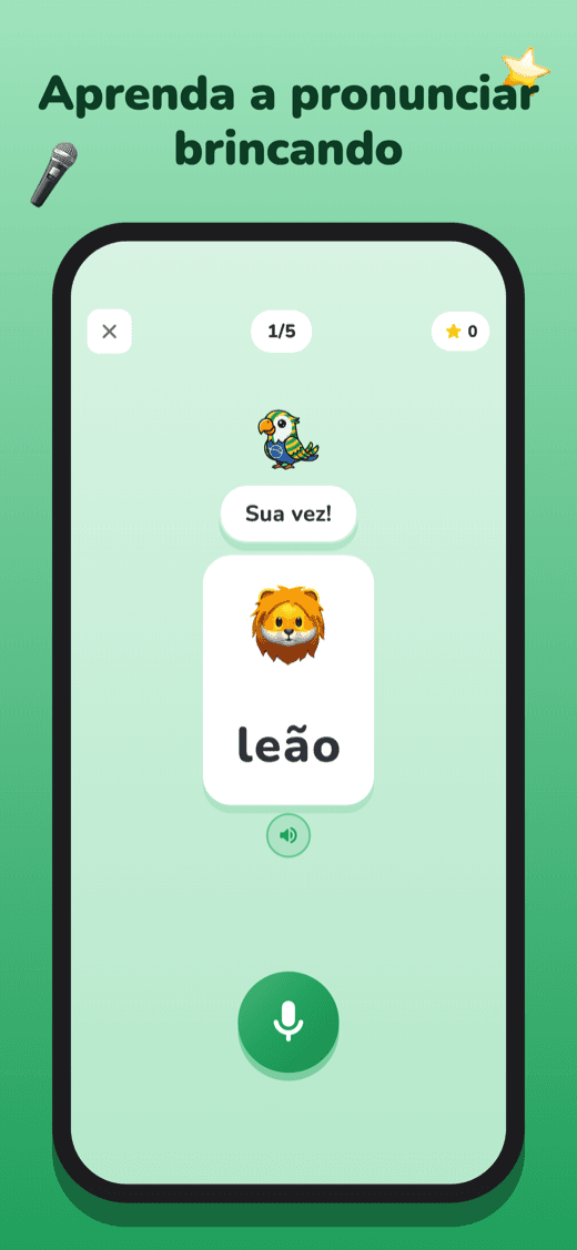 Tela de jogo do Fala!: a criança repete a palavra no microfone